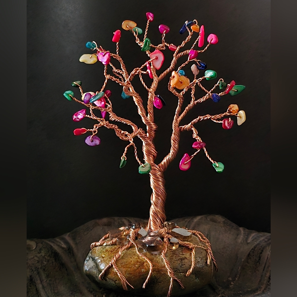 Wire Tree Sculpture with Multicolor Chips Hand Made